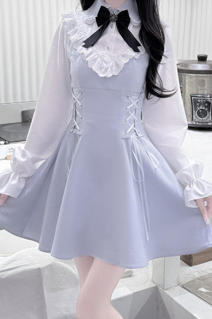 Aqua Long Sleeves Bowknot Lace-Up Sweet Jirai Kei Dress