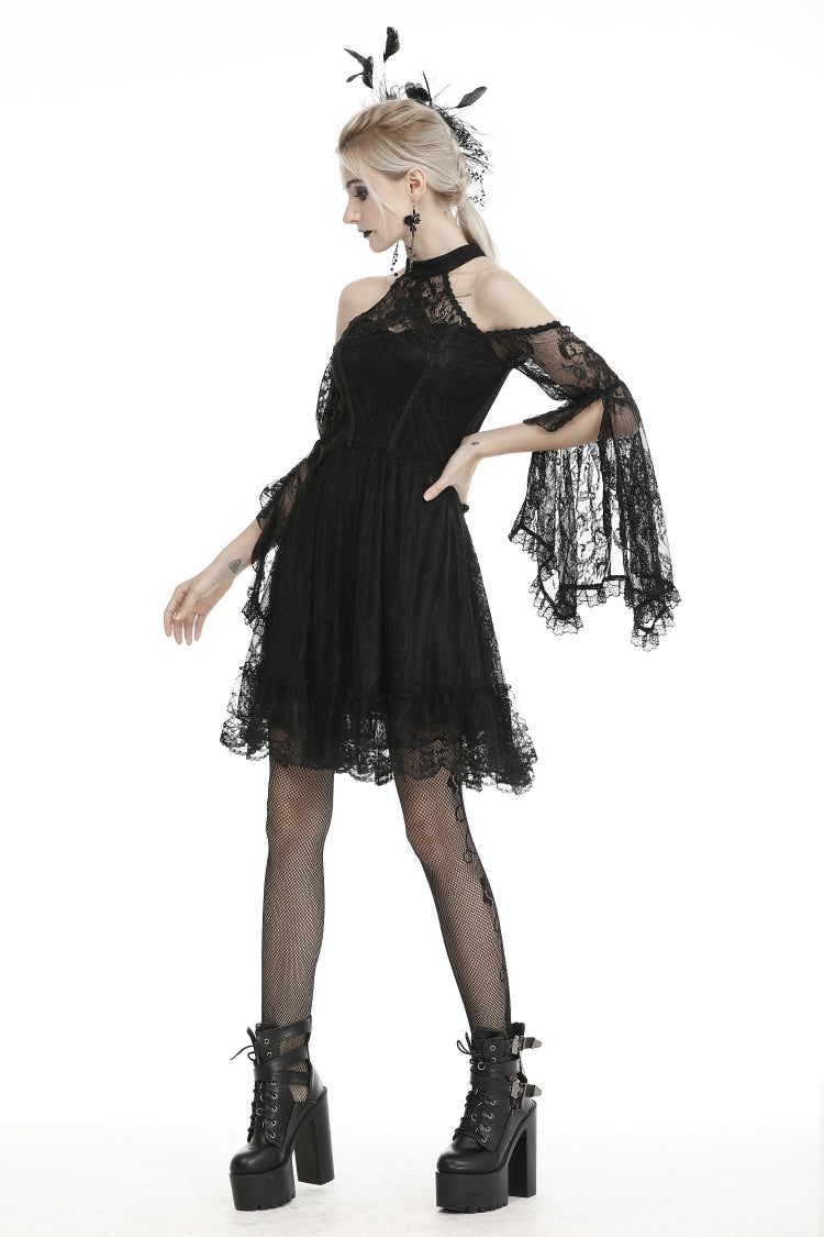 Black Off Shoulder Halterneck Long Sleeves Lace Women's Gothic Dress