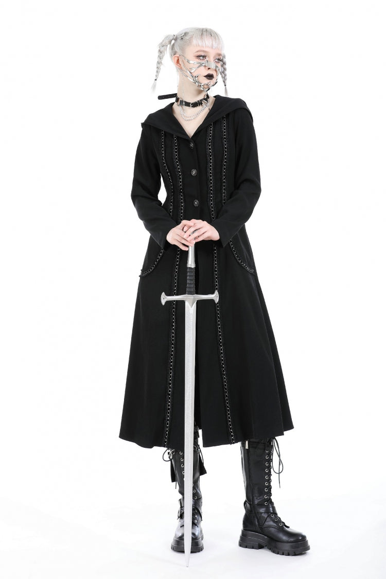 Black Long Sleeves Ruffled Lace-Up Women's Punk Long Jacket with Hood