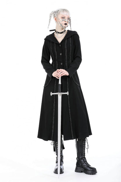 Black Long Sleeves Ruffled Lace-Up Women's Punk Long Jacket with Hood