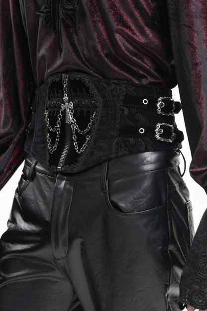 Black Lace-Up Slim Buckled Pearl-Decorated Men's Gothic Palace Accessory Cross Chain Girdle