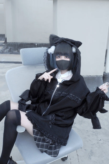 Black Long Sleeves Cat Ears and Tail  Ruffle Bowknot Hooded Gothic Jirai Kei Coat