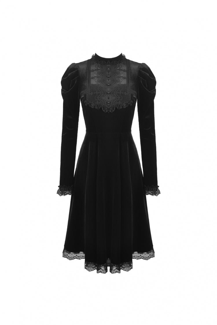 Black Lace Long Puff Sleeves Women's Gothic Velet Dress