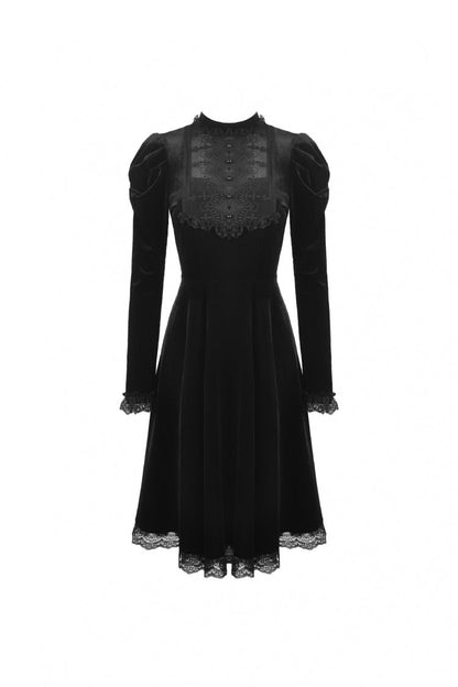 Black Lace Long Puff Sleeves Women's Gothic Velet Dress