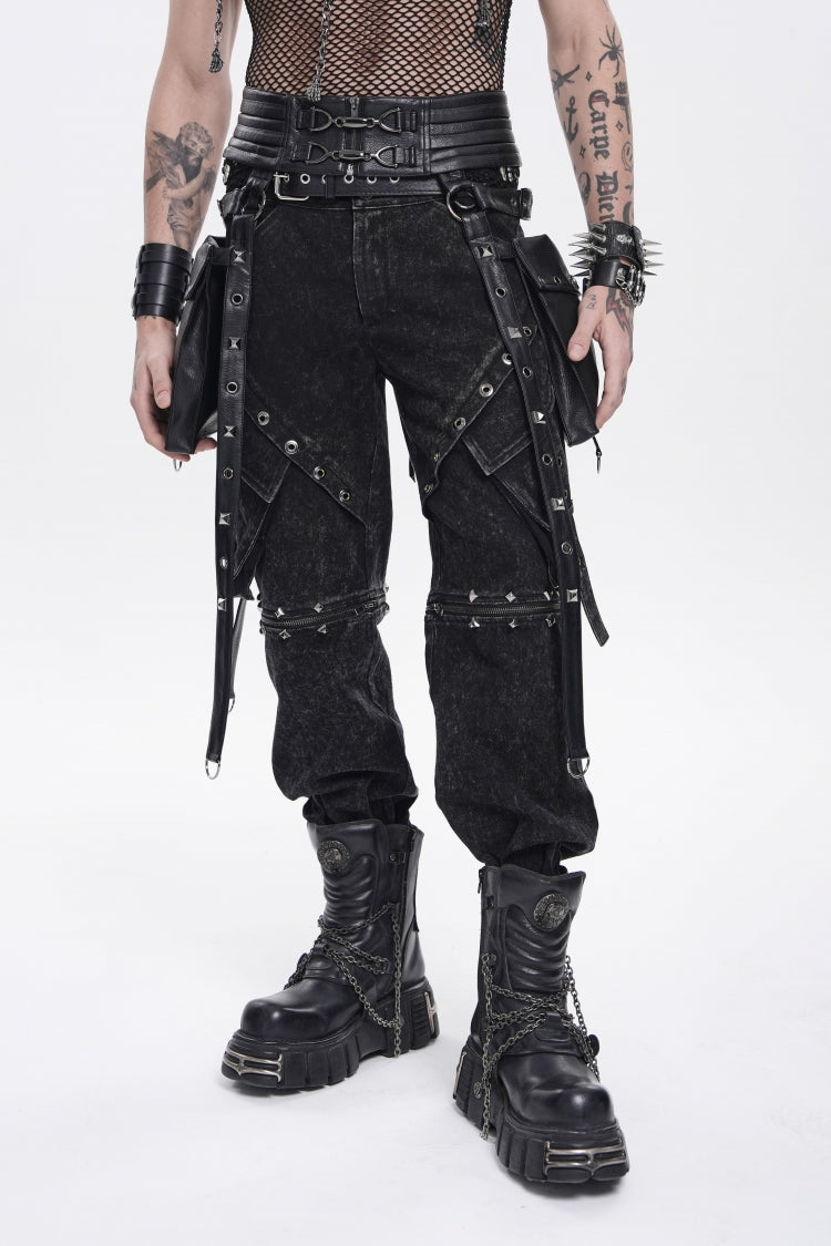 Black Lace-Up Studded Buckled Zippered Eyelet Men's Punk Cool Accessory with Pouches