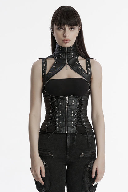 Black Domineering High Collar Sleeveless Lace-Up Rivet Women's Punk Corset