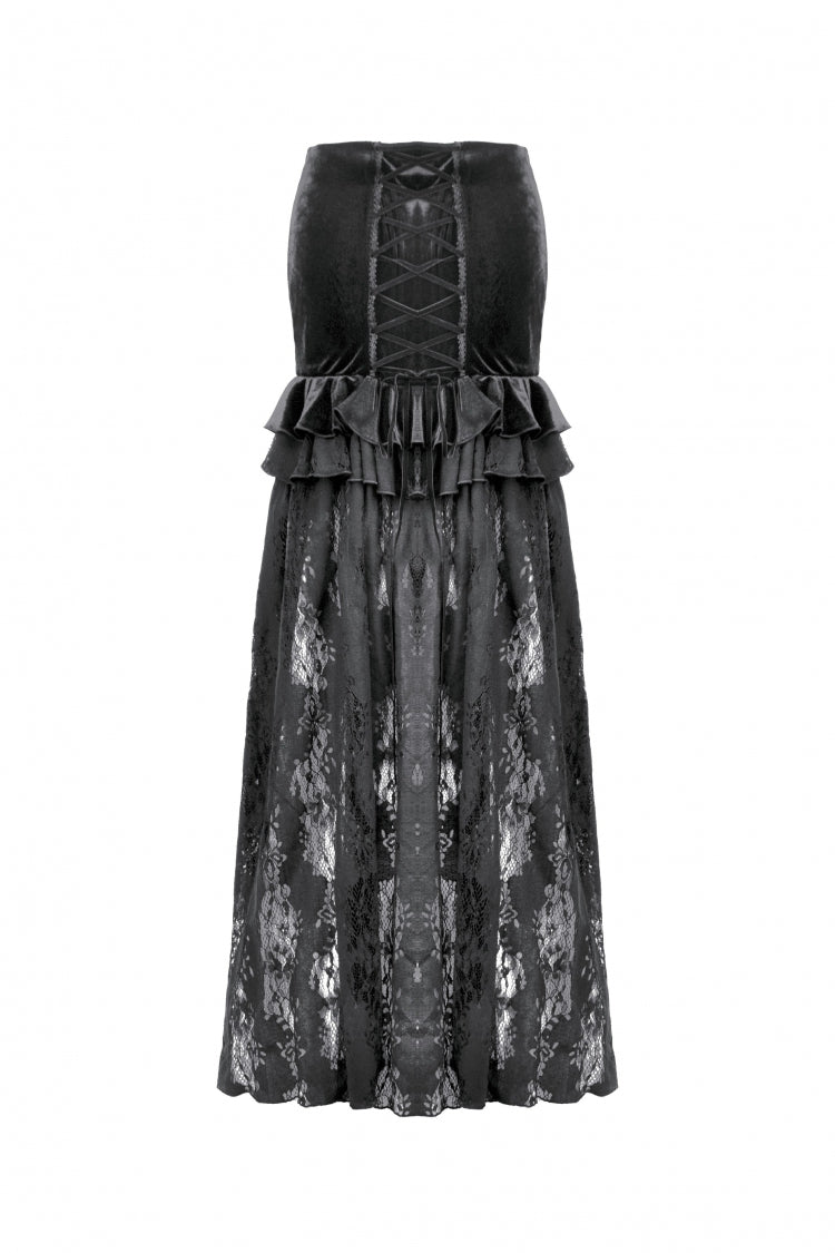 Black Multi-Layered Ruffled Velvet Spliced Lace Lace-Up Women's Gothic Long Skirt