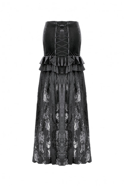 Black Multi-Layered Ruffled Velvet Spliced Lace Lace-Up Women's Gothic Long Skirt