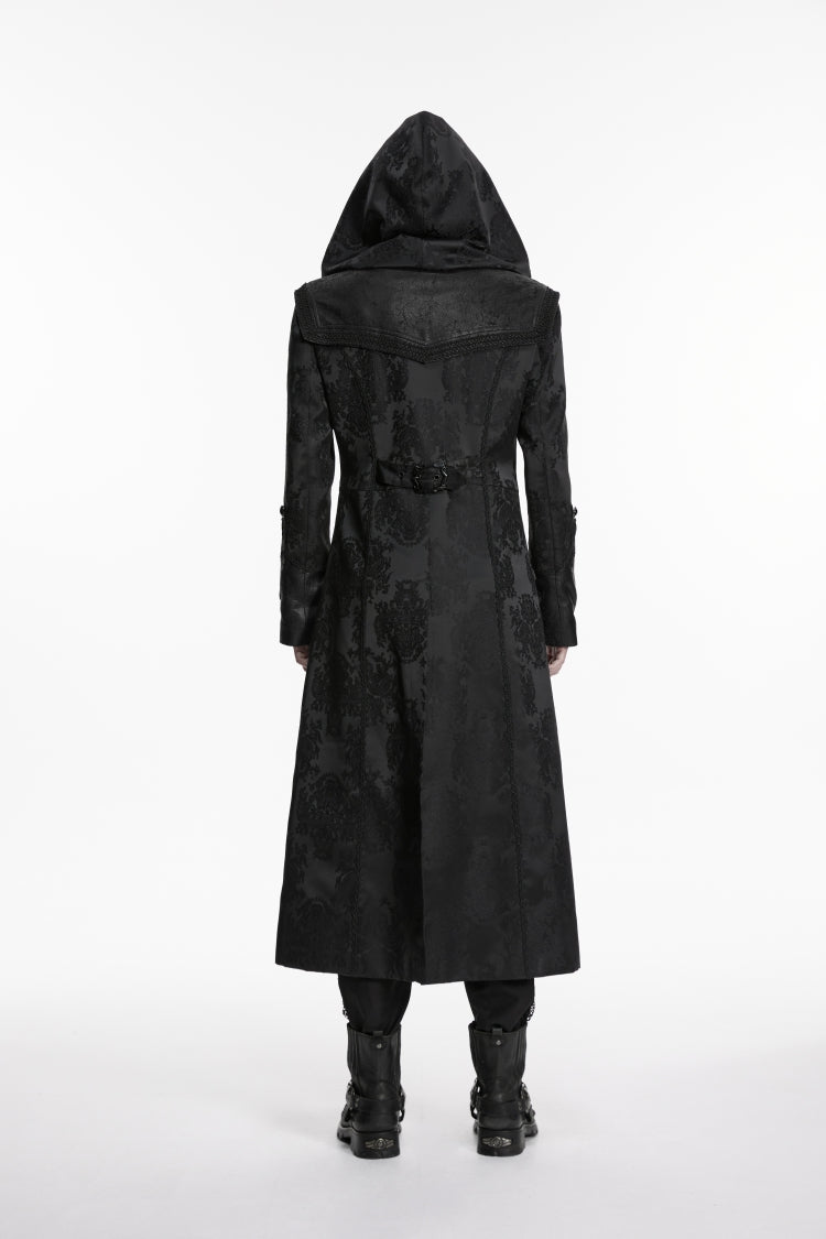Black Long Sleeves Jacquard Embroidered Spliced Lace Hooded Color-Blocked Men's Punk Cool Coat
