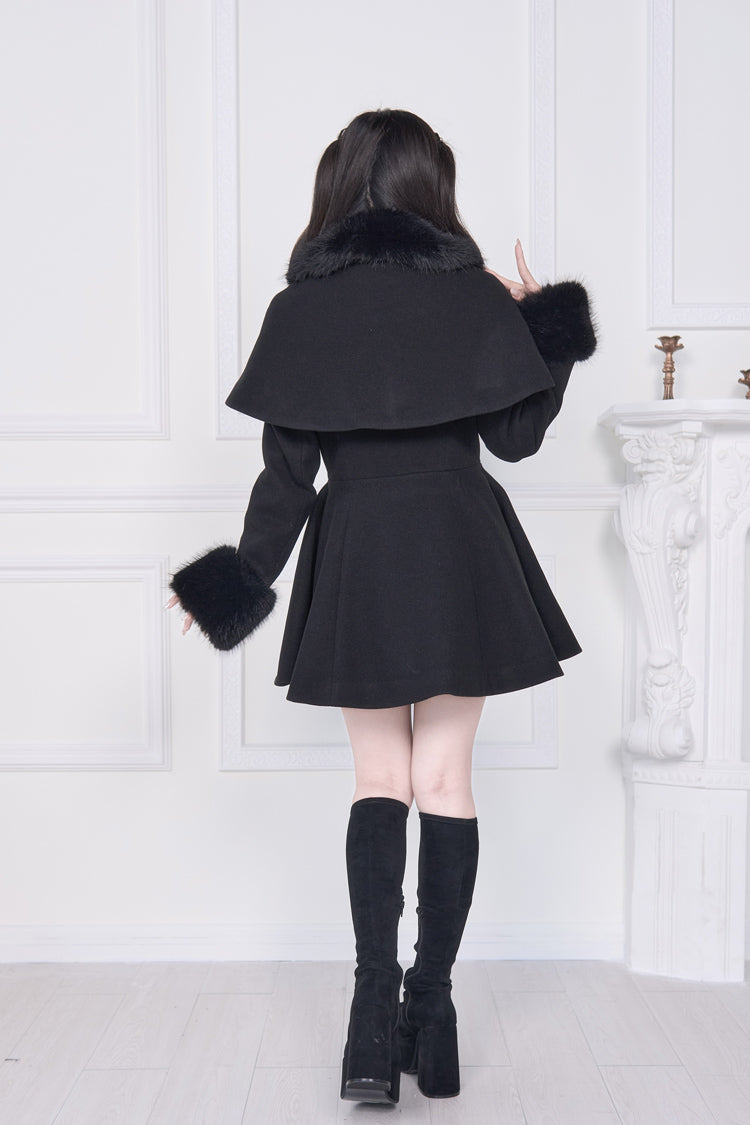 Black Plush Collar Long Sleeves Bowknot Japanese Sweet Lolita Coat