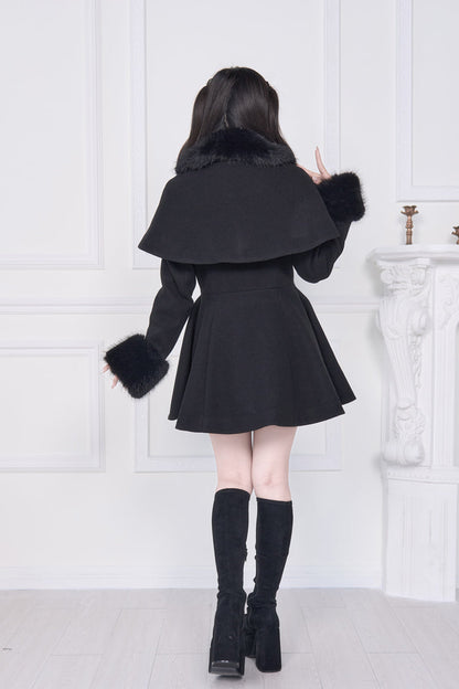 Black Plush Collar Long Sleeves Bowknot Japanese Sweet Lolita Coat