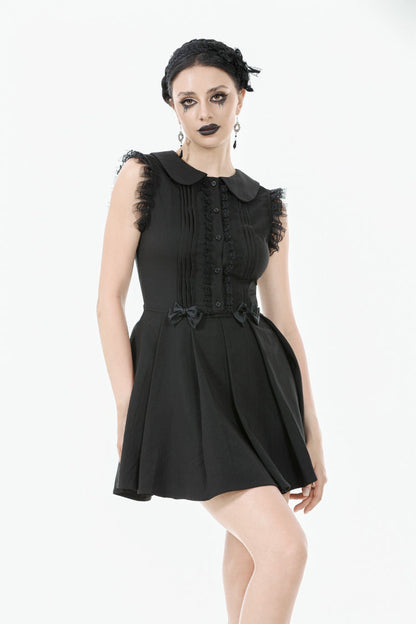 Black Peter Pan Collar Sleeveless Bowknot Pleated Women's Gothic Graduation Dress