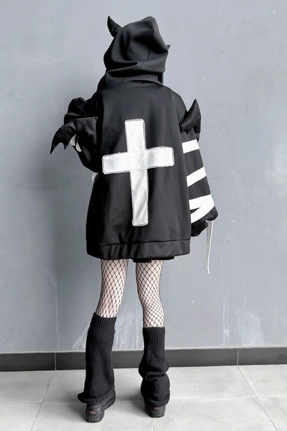 Black Devil Wings Long Sleeves Yabi Chain Bones Hooded Gothic Jirai Kei Coat