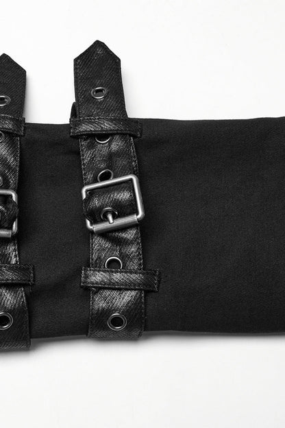 Black Lapel Collar Long Sleeves Hooded Pleated Men's Punk Coat with Buckle Strap