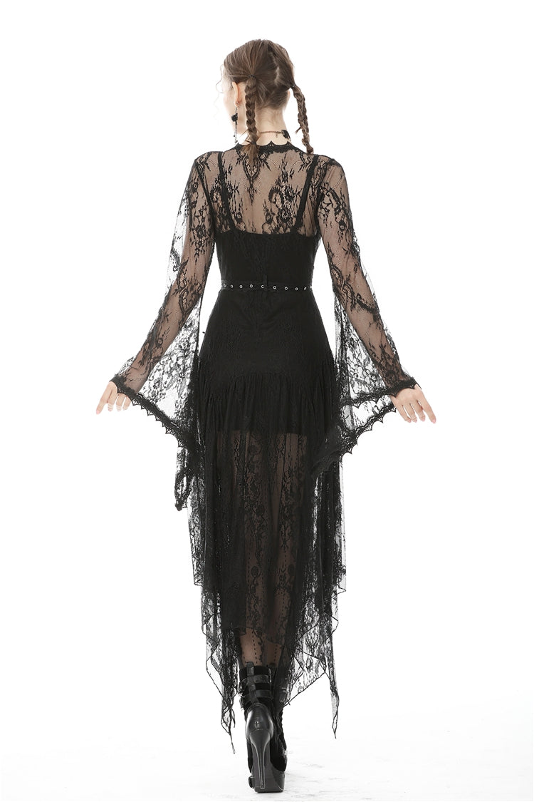 Black Long Trumpet Sleeves Sheer Floral Lace Women's Gothic Maxi Cloak with Belts