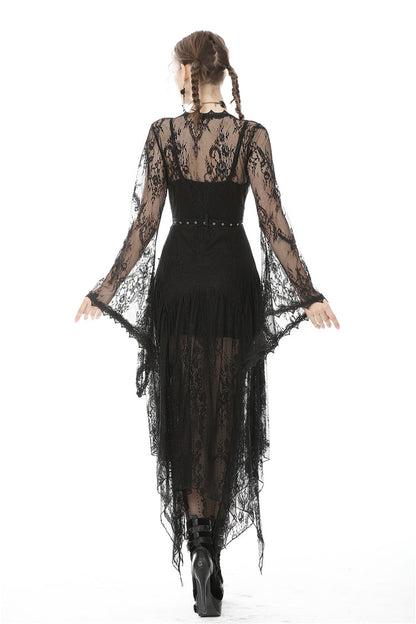 Black Long Trumpet Sleeves Sheer Floral Lace Women's Gothic Maxi Cloak with Belts