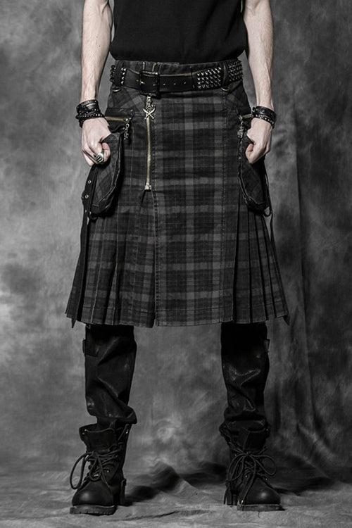 Black Plaid Print Ruffle Men's Steampunk Skirt