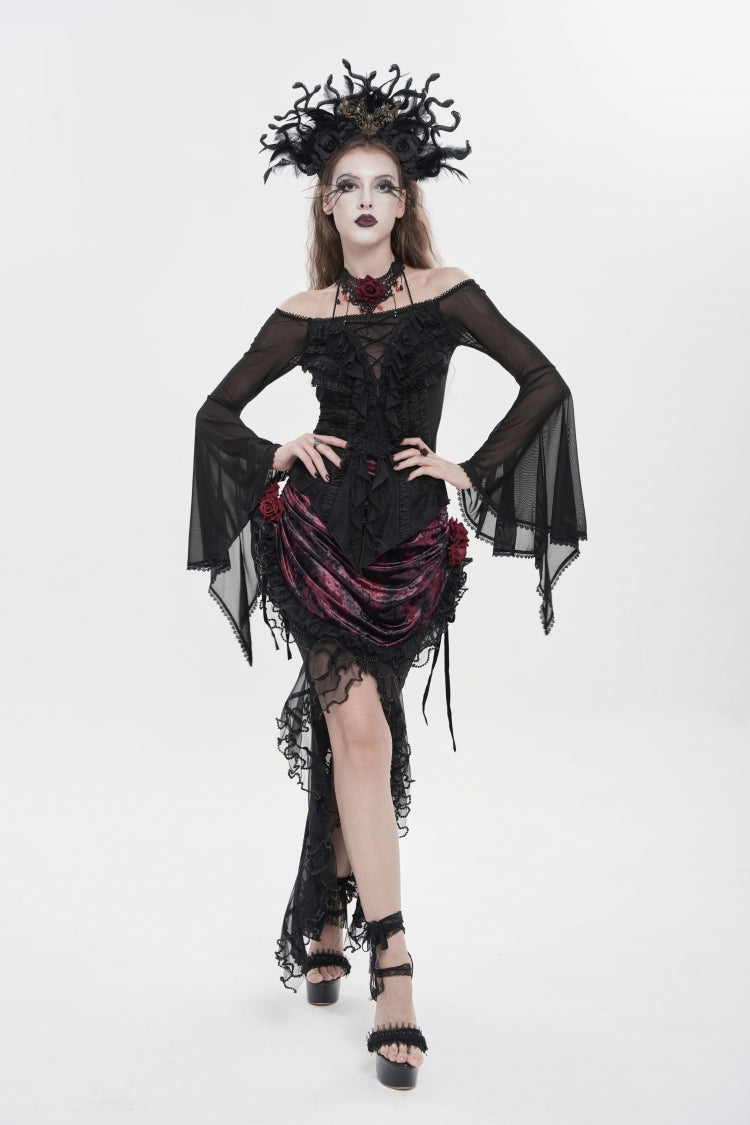 Black Off Shoulder Long Trumpet Sleeves Ruffled Embroidered Lace-Up Women's Gothic Blouse