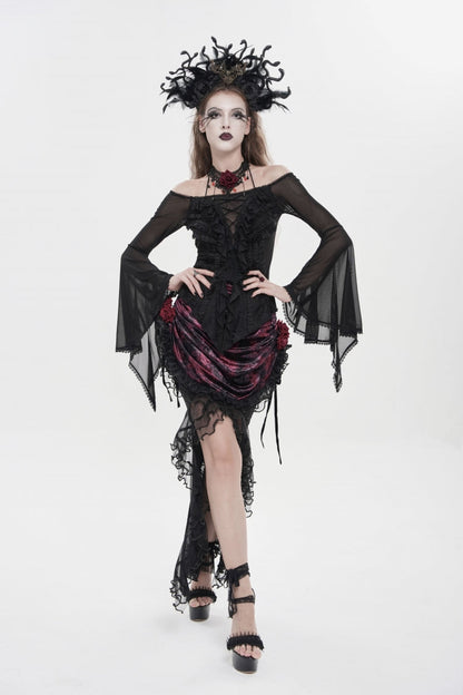 Black Off Shoulder Long Trumpet Sleeves Ruffled Embroidered Lace-Up Women's Gothic Blouse