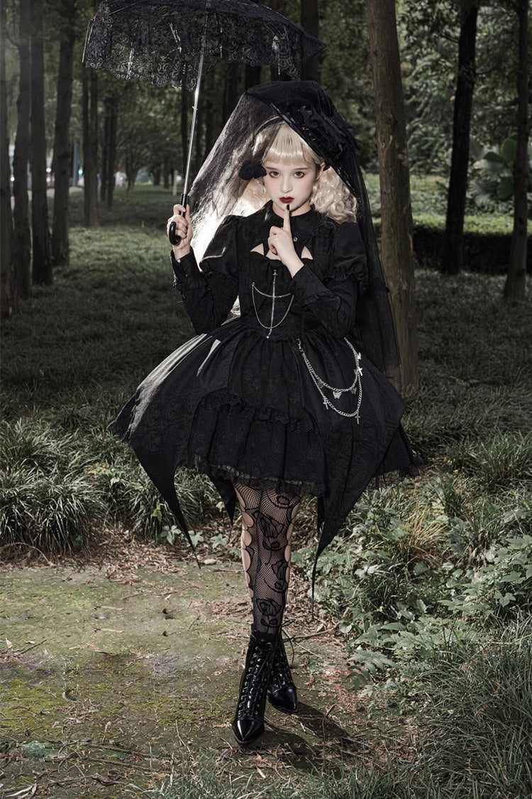 Black Dark Night Law Long Sleeves High Waisted Cardigan Bowknot Lace Gothic Lolita Dress