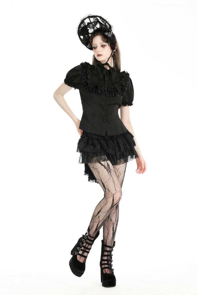 Black Point Collar Short Puff Sleeves Ruffled Women's Gothic Blouse