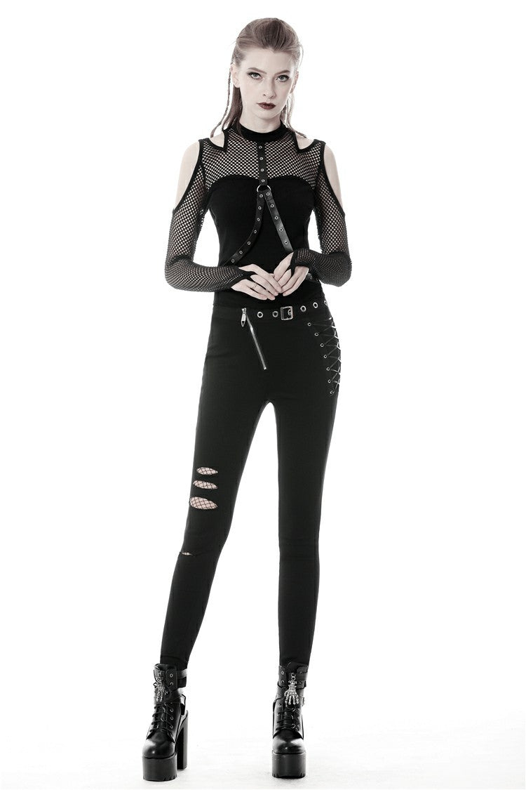 Black Off Shoulder Long Sleeves Mesh Crossed Harness Straps Eyelet Sexy Women's Punk Top
