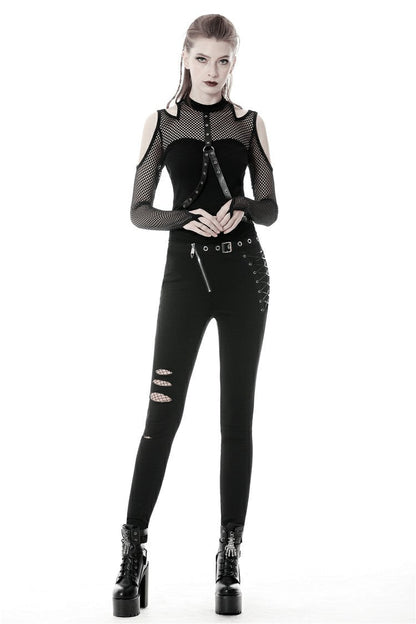 Black Off Shoulder Long Sleeves Mesh Crossed Harness Straps Eyelet Sexy Women's Punk Top