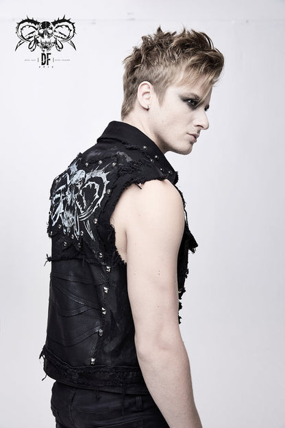 Black Heavy Metal Rivet Back Printed Coarse Twill Worn Out Men's Punk Waistcoat