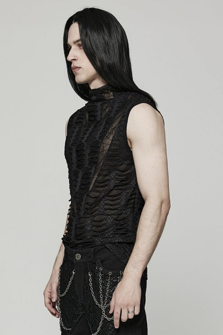 Black High Collar Hollow Spider Mesh Ripped Asymmetric Mens Gothic Vest