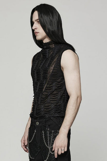 Black High Collar Hollow Spider Mesh Ripped Asymmetric Mens Gothic Vest