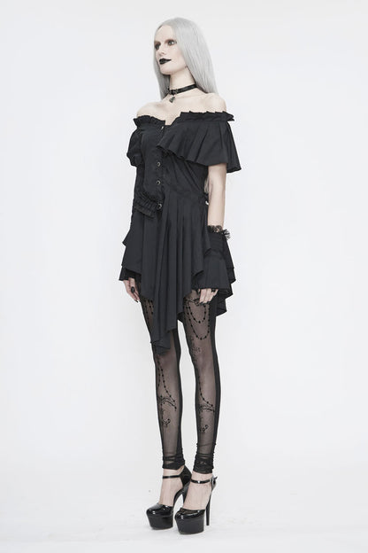 Black Off Shoulder Front Chest Frill Irregular Hem Women's Gothic Blouse