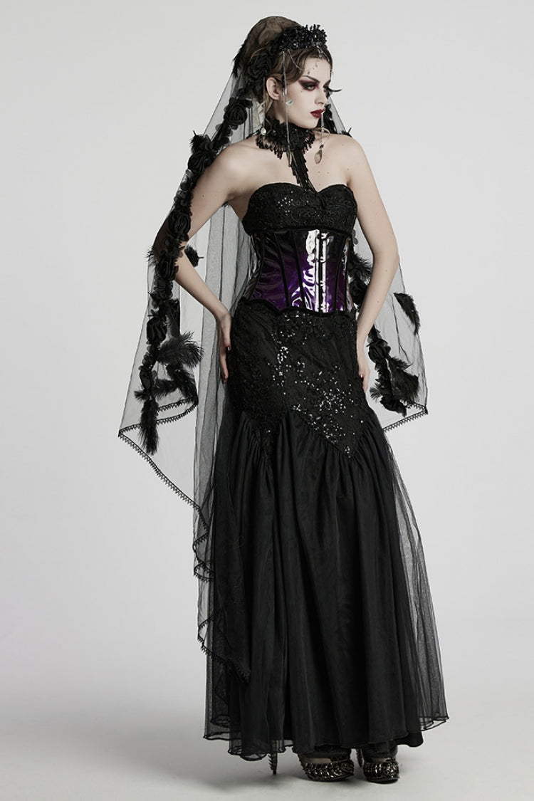 Black Off Shoulder Embroidery Lace Slim Women's Gothic Gown Fishtail Dress