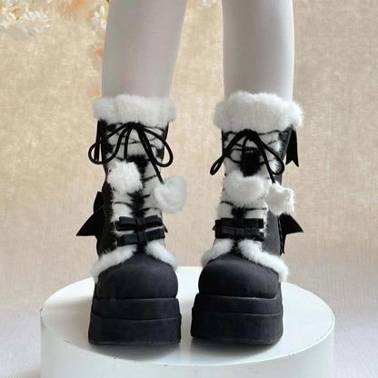 Black Cute Platform Thick-Soled Bowknot Lace-Up Sweet Lolita Plush Boots