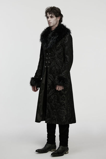 Black Fuax Fur Collar Long Sleeves Jacquard Zipper Men's Gothic Coat
