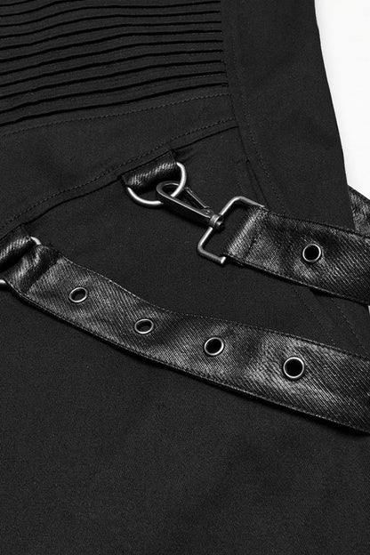Black Lapel Collar Long Sleeves Hooded Pleated Men's Punk Coat with Buckle Strap