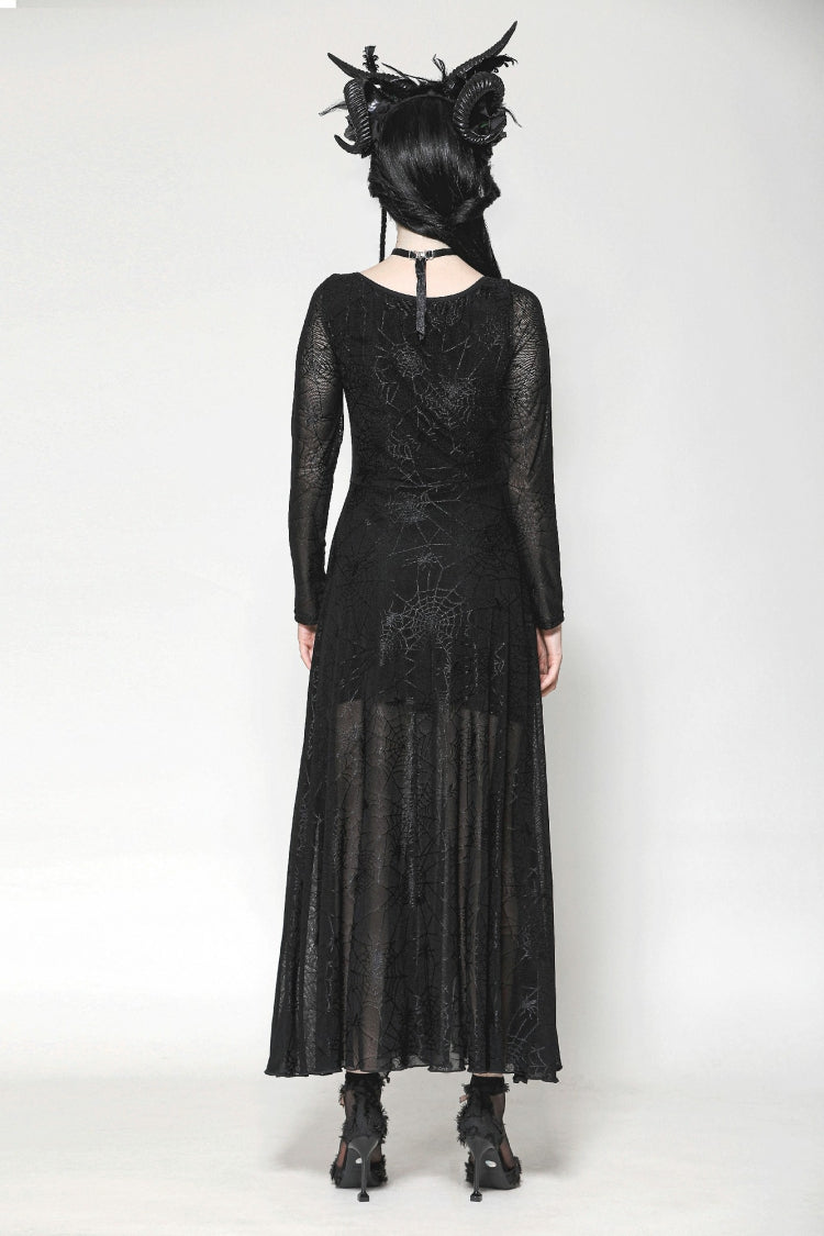 Black Long Sleeves Lace-Up Spiderweb Women's Gothic Elegant Witch Long Dress