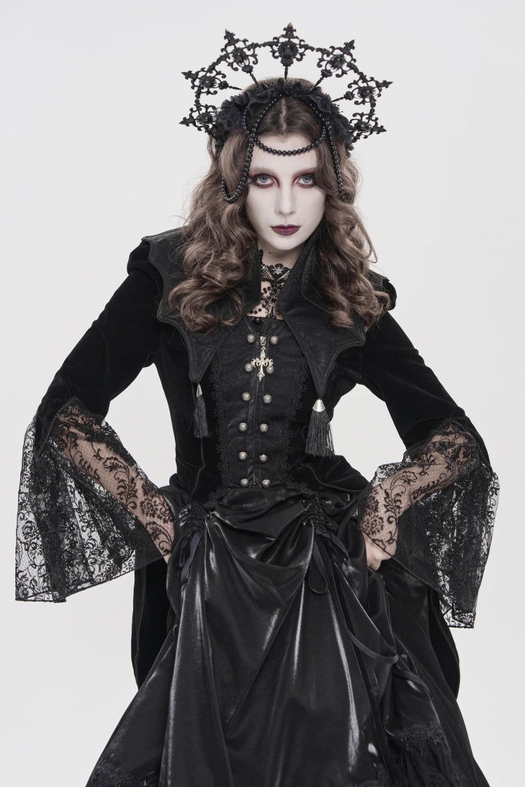 Black Long Trumpet Sleeves Embroidered Lace Slim Zippered Women's Gothic Bat Wing Collar Double-breasted Zip Jacket