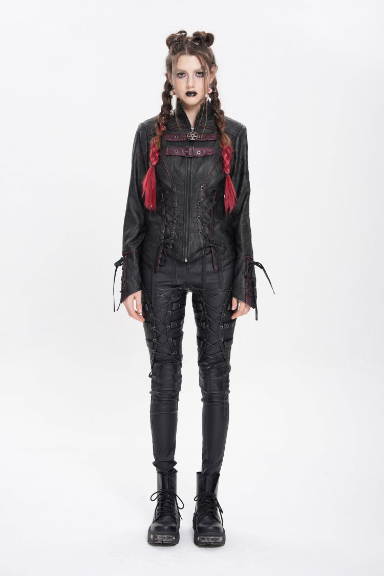 Black Pentacle Lace-Up Buckle Women's Punk Jacket