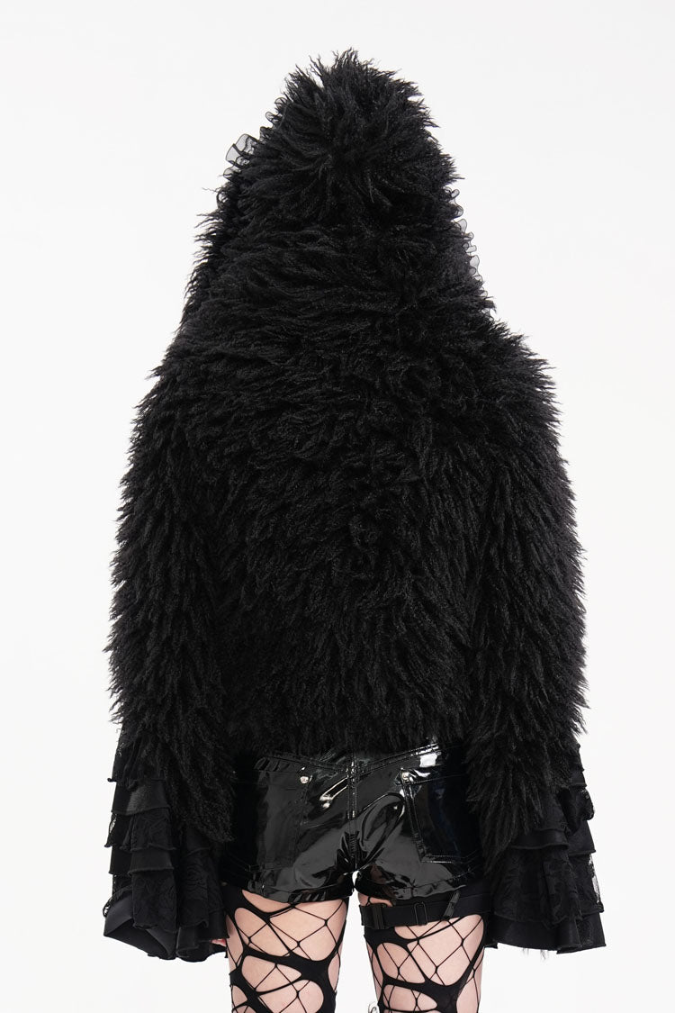 Black Long Sleeves Lace Hooded Zipper Chain Women's Gothic Jacket