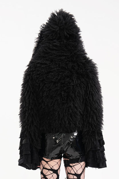 Black Long Sleeves Lace Hooded Zipper Chain Women's Gothic Jacket