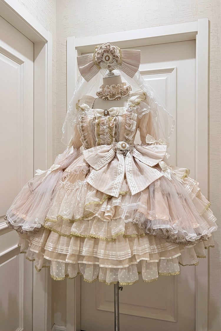 Apricot [Coronation] Long Trumpet Sleeves Multi-Layered Ruffle Bowknot Lace Sweet Gorgeous Lolita Dress Set
