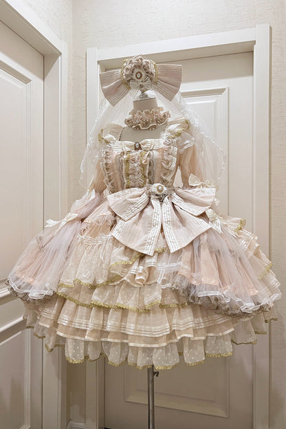 Apricot [Coronation] Long Trumpet Sleeves Multi-Layered Ruffle Bowknot Lace Sweet Gorgeous Lolita Dress Set