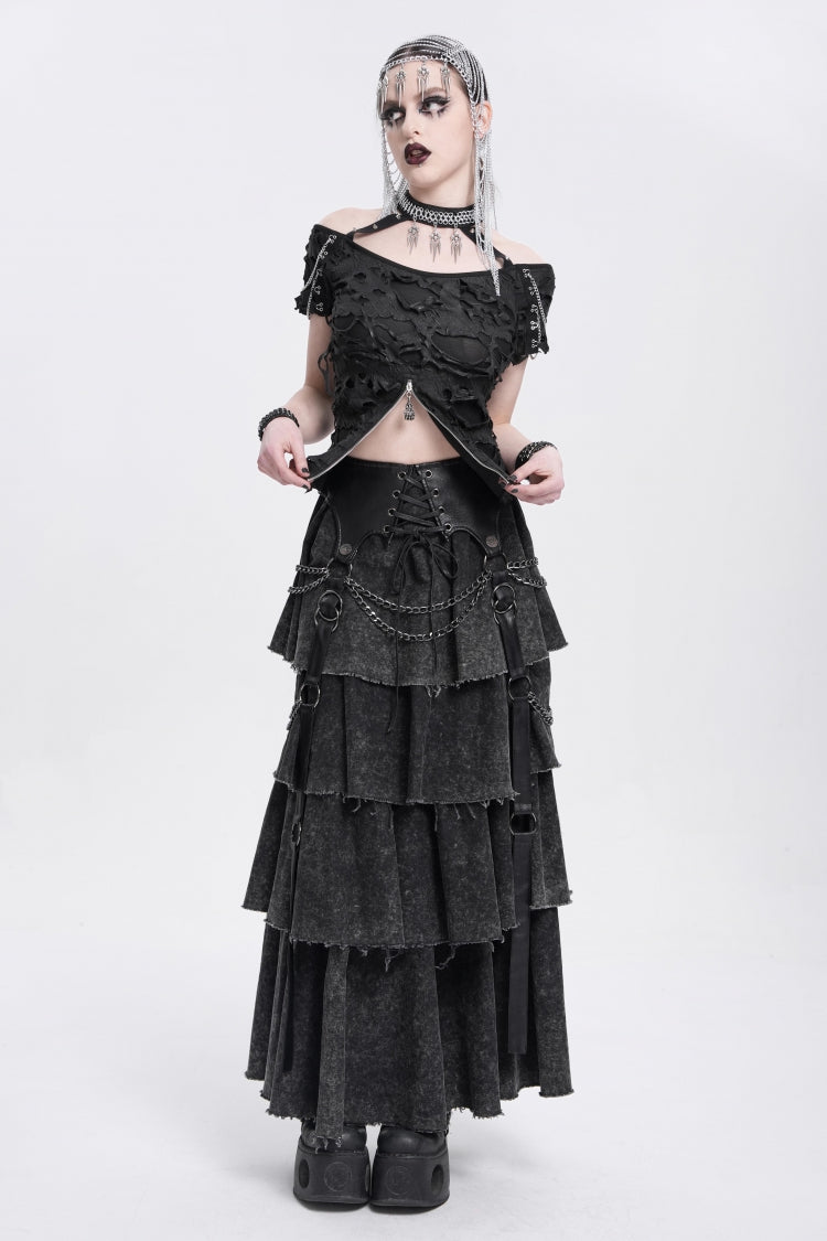Black Off Shoulder Halterneck Ripped Women's Punk Blouse