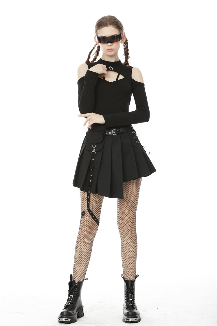 Black Lace-Up Irregular Hem Pleated Women's Punk Skirt with Side Bag