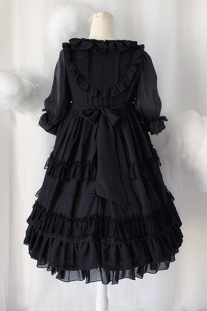 Black Lace Cool Angel Short Sleeves Bowknot Ruffle Gothic Lolita Dress