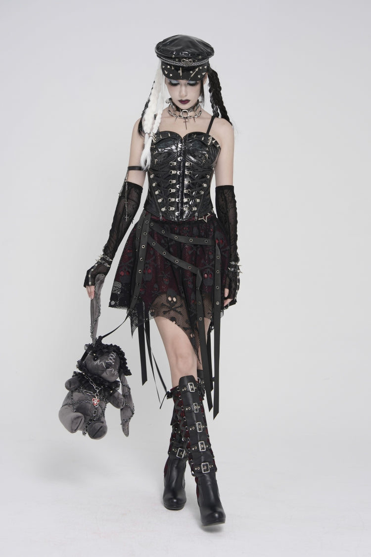 Black Lace-Up Slim Studded Zippered Women's Punk Corset