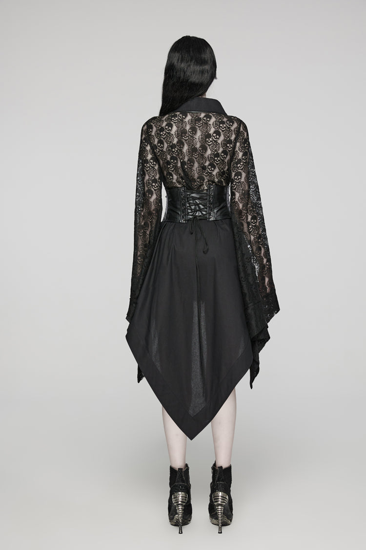 Black Irregular Hem Skull Print Hollow Stitching Womens Steampunk Kimono Dress