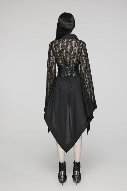 Black Irregular Hem Skull Print Hollow Stitching Womens Steampunk Kimono Dress