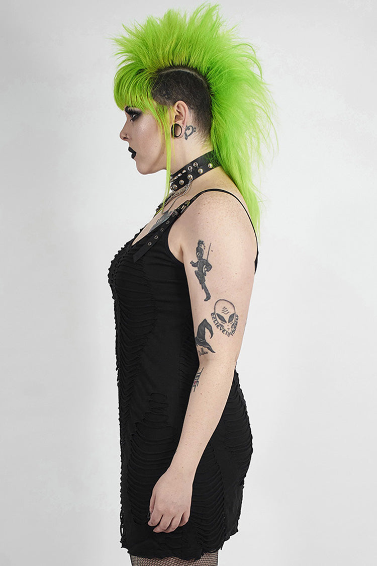 Black Metal Eyelets Strap Irregular Knit Plus Size Women's Punk Sling Dress
