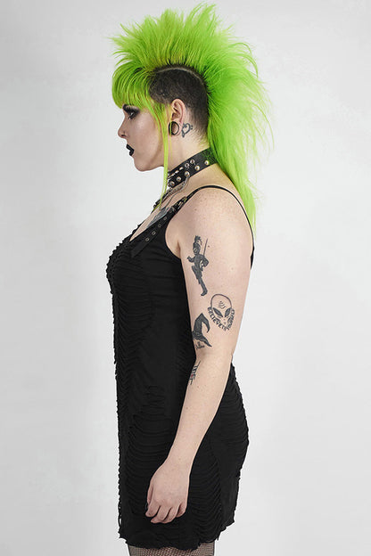 Black Metal Eyelets Strap Irregular Knit Plus Size Women's Punk Sling Dress